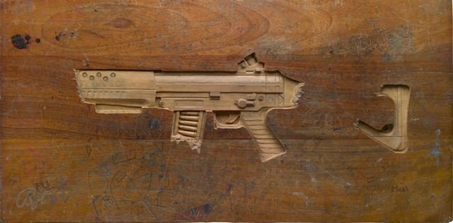 school desk table gun art