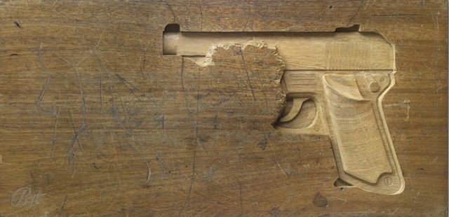 school desk table gun art