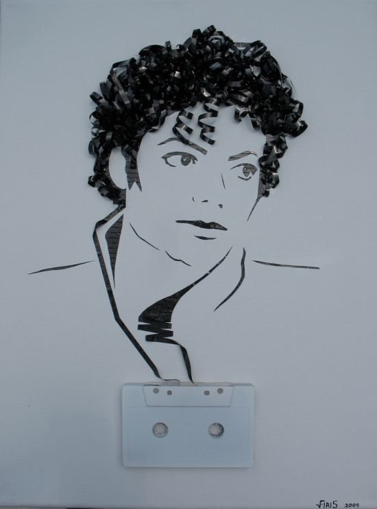 portraits made out of cassette tapes