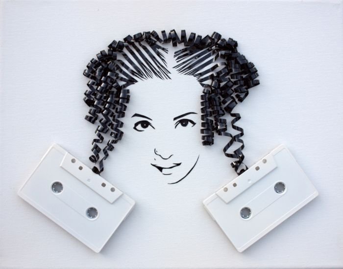 portraits made out of cassette tapes