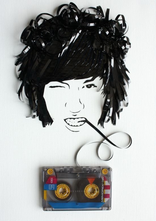 portraits made out of cassette tapes