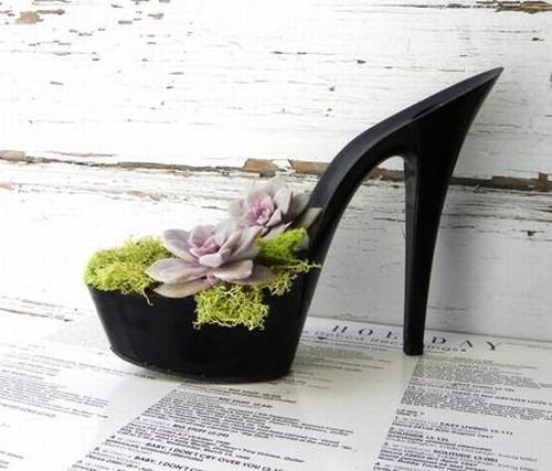 planting flowers in women shoes