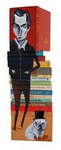 artwork on spines of stacked books