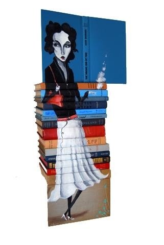artwork on spines of stacked books