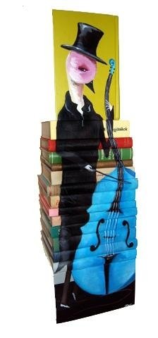 artwork on spines of stacked books