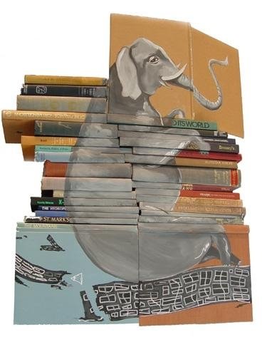 artwork on spines of stacked books
