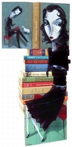 artwork on spines of stacked books