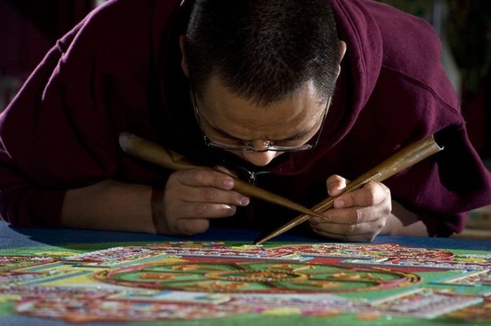 Tibetan monks make Sand Mandala, Placerville, California, United States