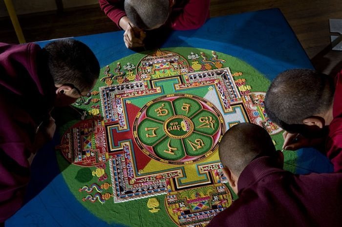 Tibetan monks make Sand Mandala, Placerville, California, United States