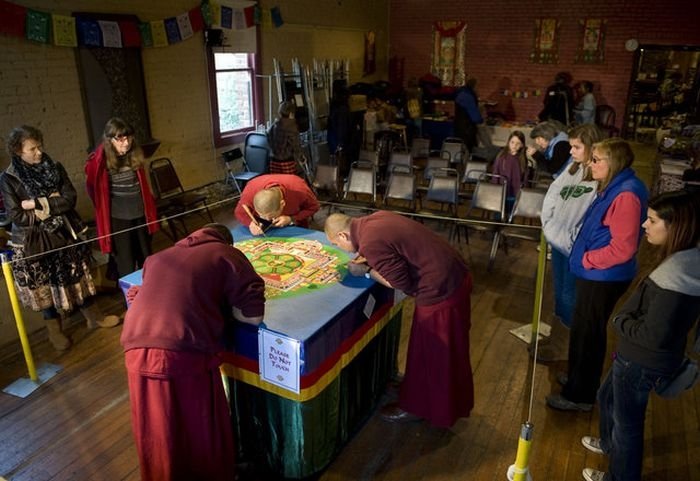 Tibetan monks make Sand Mandala, Placerville, California, United States