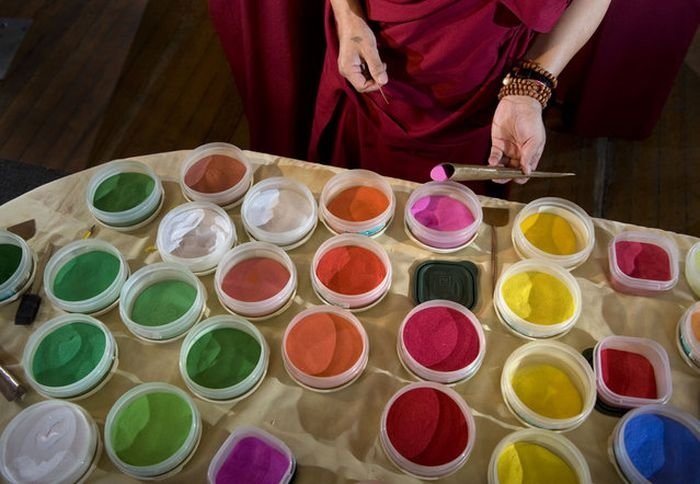 Tibetan monks make Sand Mandala, Placerville, California, United States