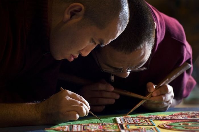 Tibetan monks make Sand Mandala, Placerville, California, United States