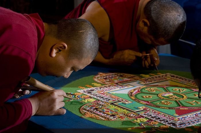 Tibetan monks make Sand Mandala, Placerville, California, United States