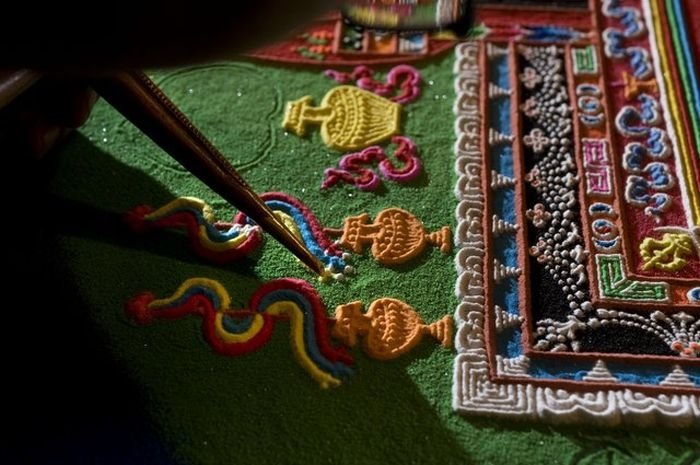 Tibetan monks make Sand Mandala, Placerville, California, United States