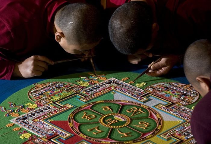 Tibetan monks make Sand Mandala, Placerville, California, United States