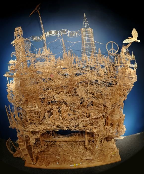 Rolling Through the Bay toothpick sculpture by Scott Weaver