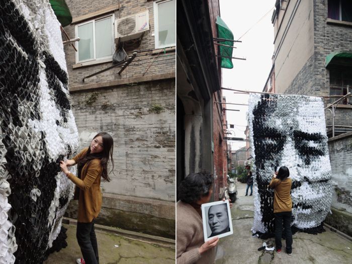 portrait made of socks, bamboo sticks and pins