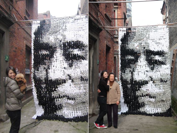 portrait made of socks, bamboo sticks and pins