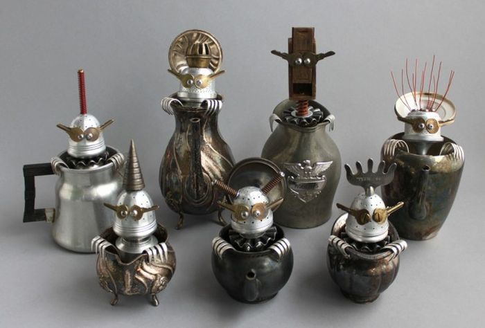 Robot orphan sculptures by Brian Marshall