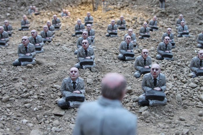 Follow the Leaders, A Corporate City in Ruins by Isaac Cordal, Place du Bouffay, Nantes, France