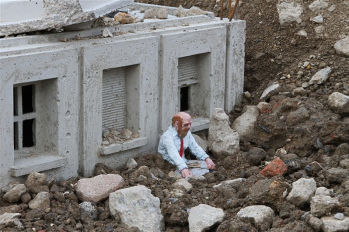 Follow the Leaders, A Corporate City in Ruins by Isaac Cordal, Place du Bouffay, Nantes, France