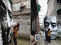 Art & Creativity: portrait made of socks, bamboo sticks and pins