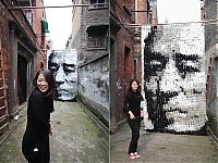 Art & Creativity: portrait made of socks, bamboo sticks and pins