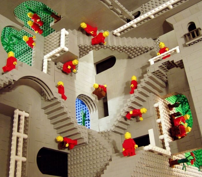 M.C. Escher art recreated using lego bricks