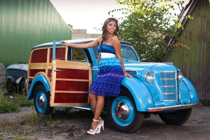 girl with old antique retro classic car