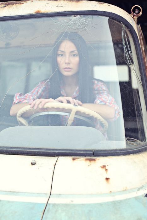 girl with old antique retro classic car