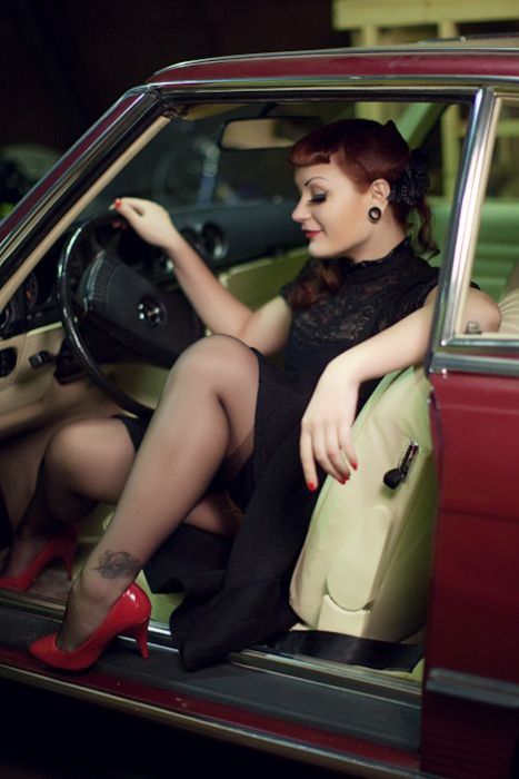 girl with old antique retro classic car