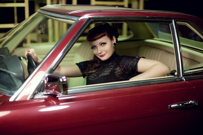 girl with old antique retro classic car