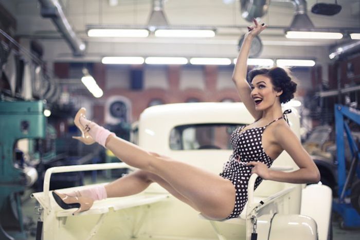 girl with old antique retro classic car