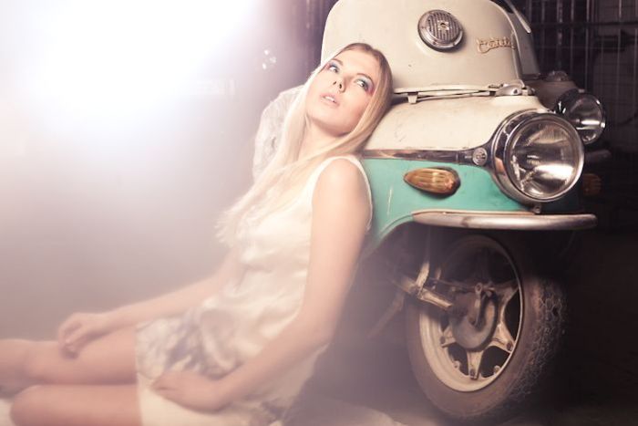 girl with old antique retro classic car