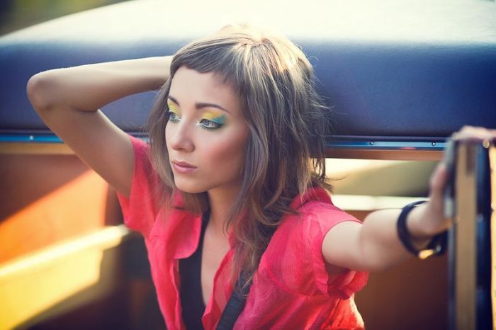 girl with old antique retro classic car