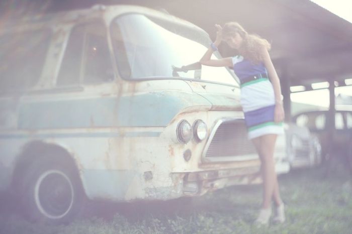 girl with old antique retro classic car