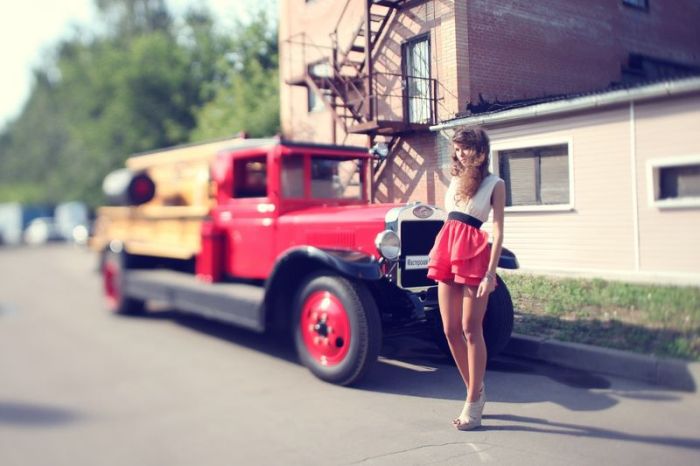 girl with old antique retro classic car