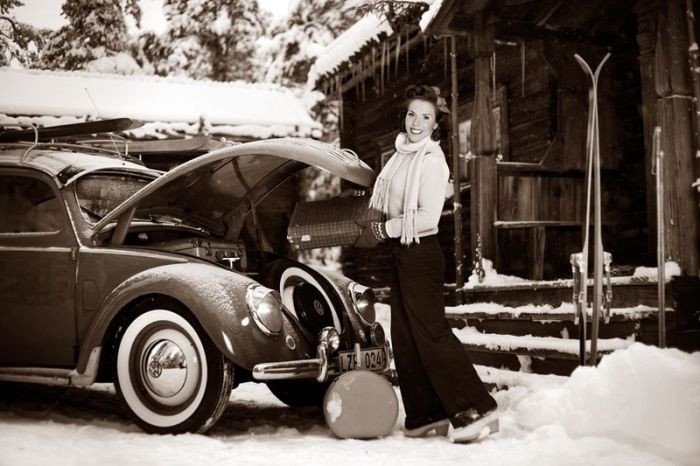 girl with old antique retro classic car