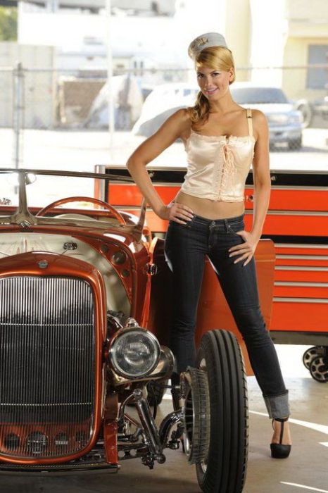 girl with old antique retro classic car