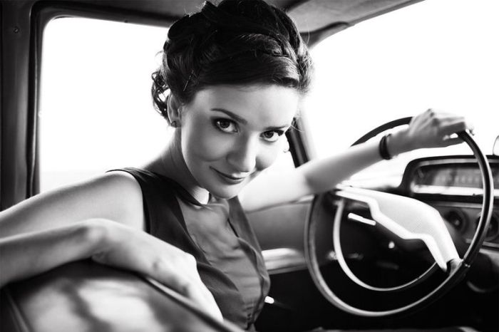 girl with old antique retro classic car