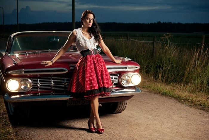 girl with old antique retro classic car