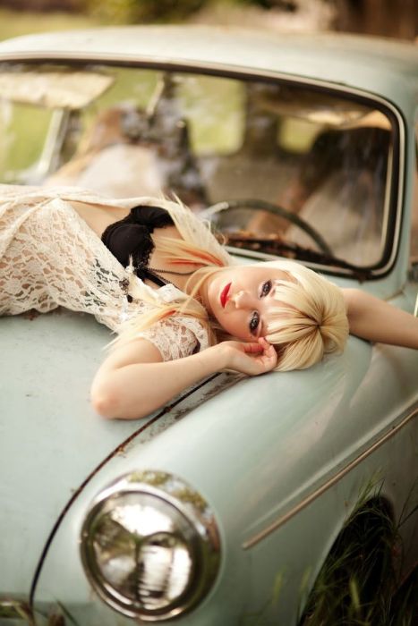 girl with old antique retro classic car