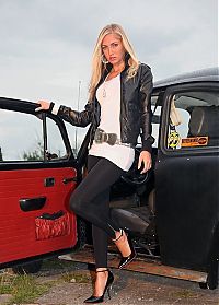 Motorsport models: girl with old antique retro classic car