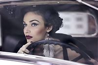 girl with old antique retro classic car