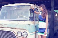 Motorsport models: girl with old antique retro classic car