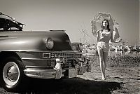 Motorsport models: girl with old antique retro classic car