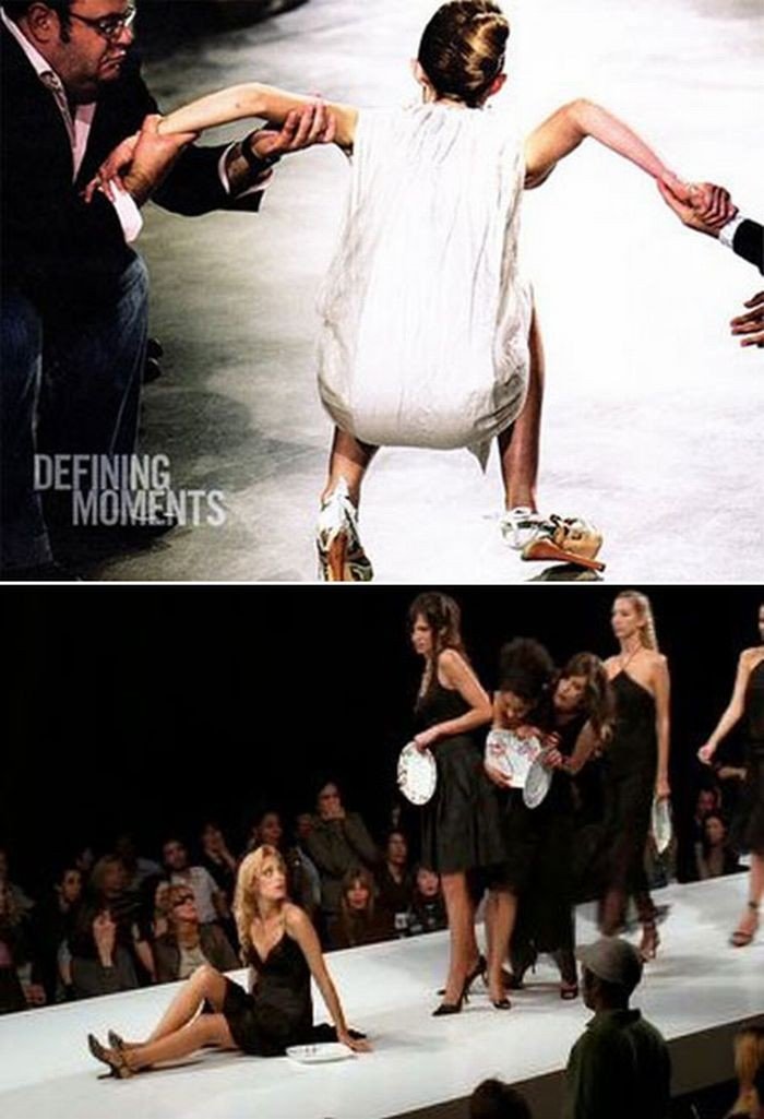 models falling on the catwalk