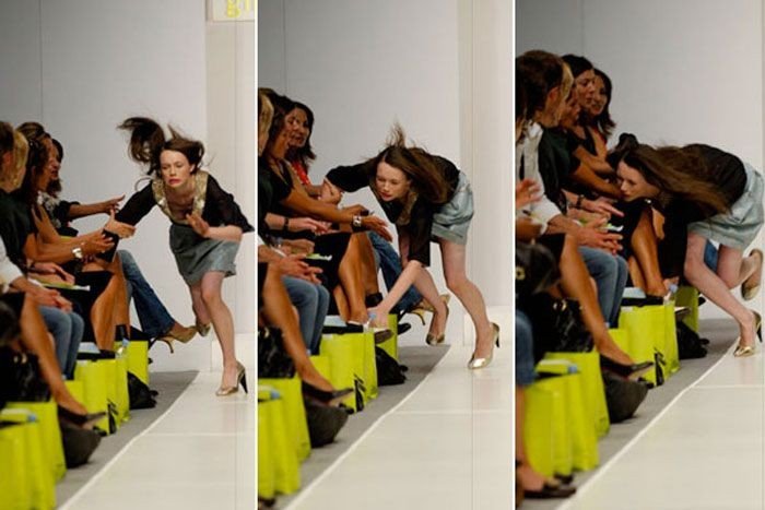 models falling on the catwalk