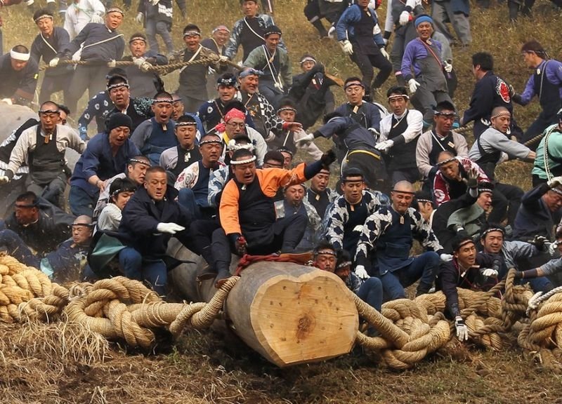 Ki-otoshi ceremony, Onbashira festival, Nagano, Japan