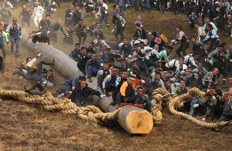 Ki-otoshi ceremony, Onbashira festival, Nagano, Japan